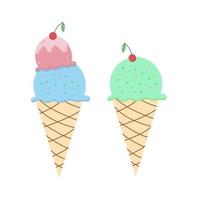Vector illustration of ice cream in a waffle cone. The illustration is flat. Ice cream in pink and blue, green tones, highlighted on a white background.
