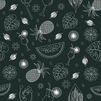 Hello Summer Outlined Seamless Pattern With Fruit, Tropical Leaf and Flowers vector