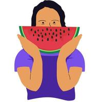 Girl Character Eating Watermelon And Enjoying Summer vector