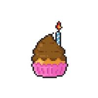 creamy cake with candle in pixel art style vector