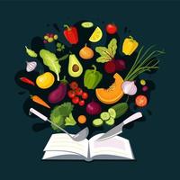 Cookbook surrounded by various vegetables. Vegan food Recipe vector concept isolated from dark background.