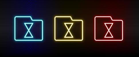 delay, folder, progress neon icon set. Set of red, blue, yellow neon vector icon on dark transparent background