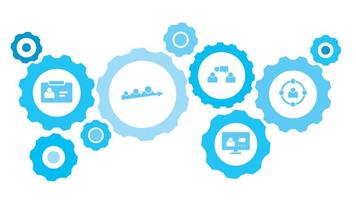 Connected gears and vector icons for logistic, service, shipping, distribution, transport, market, communicate concepts. skills, users, avatar gear blue icon set on white background