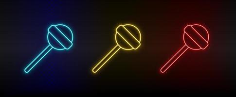Neon icon set candy, lollipop. Set of red, blue, yellow neon vector icon on dark background