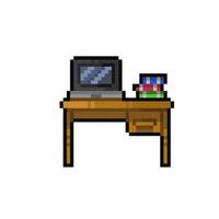 work table with laptop and book in pixel art style vector