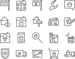 home, moving, relocation set vector icons. Real estate icon set. Simple Set of Real Estate Related Vector Line Icons. Contains such Icons as Map, Plan, Bedrooms on white background