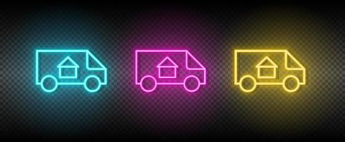 Real estate vector moving, relocation, van. Illustration neon blue, yellow, red icon set