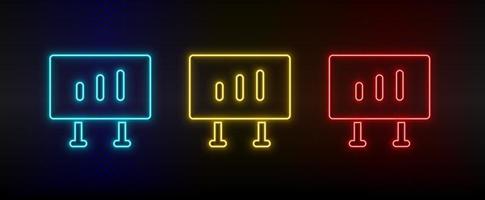 Neon icon set analytics, diagram board. Set of red, blue, yellow neon vector icon on dark transparent background