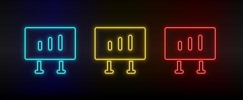 Neon icon set analytics, diagram board. Set of red, blue, yellow neon vector icon on dark transparent background