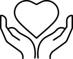 Charity, hands, heart vector icon on transparent background. Outline Charity, hands, heart vector icon