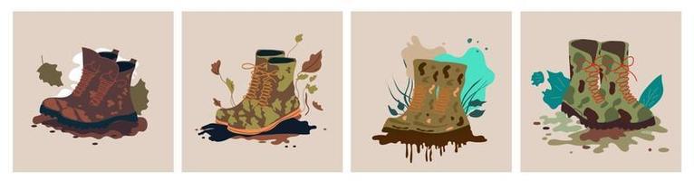 Set of four Army boots illustration. Flat vector. Hiking boots. Dirty Sturdy leather travel shoes vector