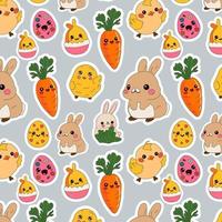 Seamless pattern with Spring Easter sticker set with rabbits and chickens and egg vector