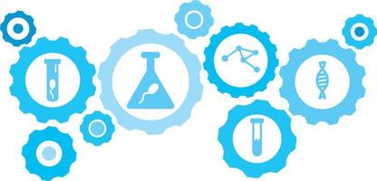 Connected gears and vector icons for logistic, service, shipping, distribution, transport, market, communicate concepts. Dna gear blue icon set .