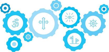 Om symbol vector icon blue gear set. Abstract background with connected gears and icons for logistic, service, shipping, distribution, transport, market, communicate concepts on white background