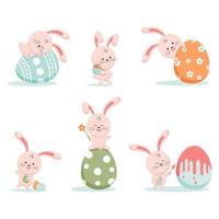 Happy Easter greeting card with cute white bunny and eggs. Rabbit character set. vector