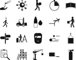 HSE concept, occupational safety and health burn, extinguisher, production factory and environment, labor preventive instructions, worker protection vector icon set on white background