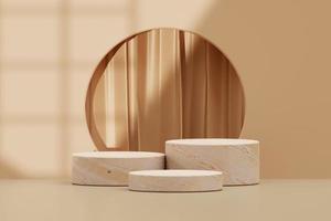 Wooden podium with curtains in the background, and shadows from the window shining through, luxury, for displaying products, nature concept mockup 3d background photo