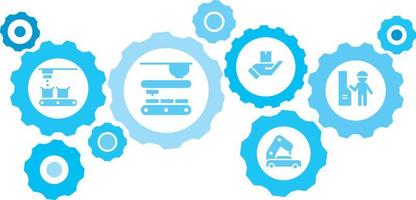 Connected gears and vector icons for logistic, service, shipping, distribution, transport, market, communicate concepts. Mass, production, engineer gear blue icon set on white background