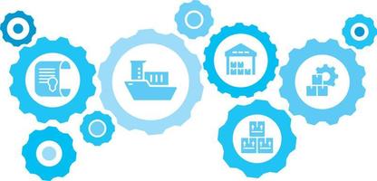 Connected gears and vector icons for logistic, service, shipping, distribution, transport, market, communicate concepts. Mass, production, boxes gear blue icon set on white background
