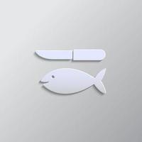 Fish and a knife paper style, icon. Grey color vector background- Paper style vector icon.