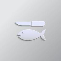 Fish and a knife paper style, icon. Grey color vector background- Paper style vector icon.