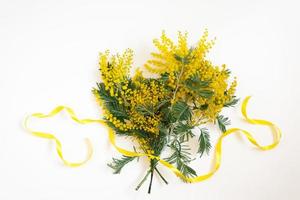 A bouquet of mimosa flowers on a white background. Easter, the concept of women's day. Copy space, top view. photo