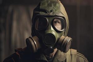 Man with a gas mask, nuclear war and environmental disaster, radioactivity catastrophe, military equipment photo