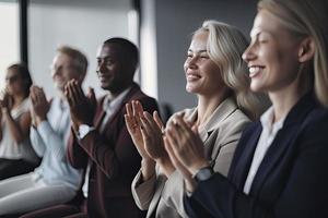 Cropped shot of an unrecognizable diverse group of businesspeople applauding while sitting photo