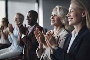 Cropped shot of an unrecognizable diverse group of businesspeople applauding while sitting photo