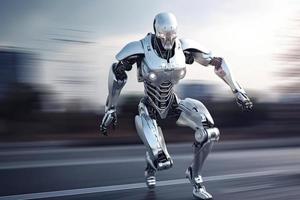 Cyborg running fast, artificial intelligence robot, future technology, humanoid machine photo