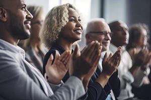 Cropped shot of an unrecognizable diverse group of businesspeople applauding while sitting photo