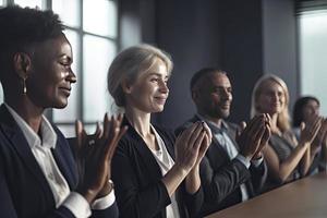 Cropped shot of an unrecognizable diverse group of businesspeople applauding while sitting photo