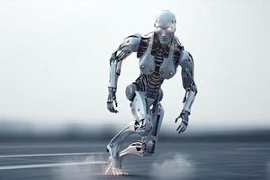 Cyborg running fast, artificial intelligence robot, future technology, humanoid machine photo