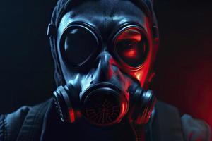 blue and red illuminated person with a gas mask photo