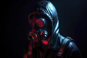 blue and red illuminated person with a gas mask photo