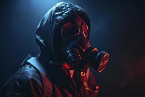 blue and red illuminated person with a gas mask photo