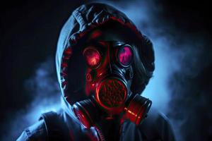 blue and red illuminated person with a gas mask photo