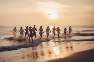 Big group of young friends or big family are having fun and run at sunset beach. Summer vacations concept photo