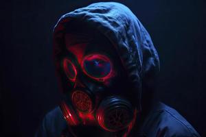 blue and red illuminated person with a gas mask photo