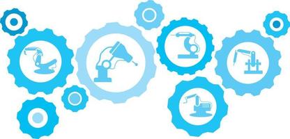 Robot, icon, technology blue gear set. Abstract background with connected gears and icons for logistic, service, shipping, distribution, transport, market, communicate concepts on white background vector