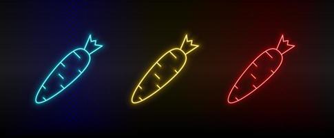 Neon icon set carrot. Set of red, blue, yellow neon vector icon on dark background