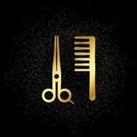 Scissors, comb, barber gold, icon. Vector illustration of golden particle on gold vector background