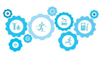 Exercise, mans gear blue icon set. Abstract background with connected gears and icons for logistic, service, shipping, distribution, transport, market, communicate concepts vector