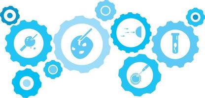 Connected gears and vector icons for logistic, service, shipping, distribution, transport, market, communicate concepts. Artificial insemination, sperm gear blue icon set .