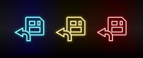 diskette, save neon icon set. Set of red, blue, yellow neon vector icon on dark transparent background