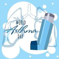 The concept of informing about the World Asthma Day with the help of an aerosol inhaler. An aerosol for quick help to the lungs. Day of Solidarity with Diseases. Vector illustration. Printing a banner