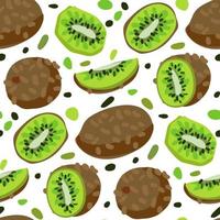 Seamless kiwi pattern. Kiwi in different positions, whole and in section. Mix slices, kiwi halves. Wrapping paper, gift card, poster, banner design. Home decor, modern textile printing. Vector