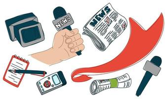 Press kit for World Press Freedom Day - May 3. Contour drawing with spots of a hand with a microphone, a video camera, a pen and a notebook, a newspaper. Color illustration. Press elements vector