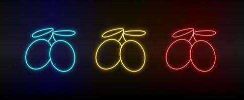 Neon icon set plum, healthy. Set of red, blue, yellow neon vector icon on dark background