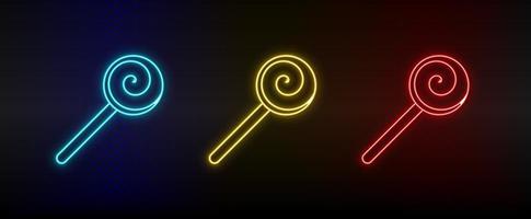 Neon icon set candy, stick. Set of red, blue, yellow neon vector icon on dark background